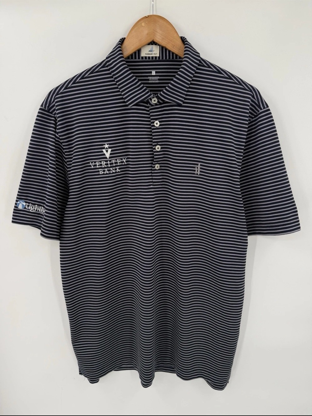 TOUR ISSUED Men's Navy & White Striped Polo with Chest Logo
